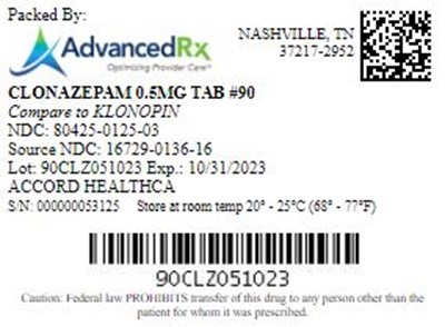 Clonazepam 0.5mg Tab Qty 90 NDC 80425 0125